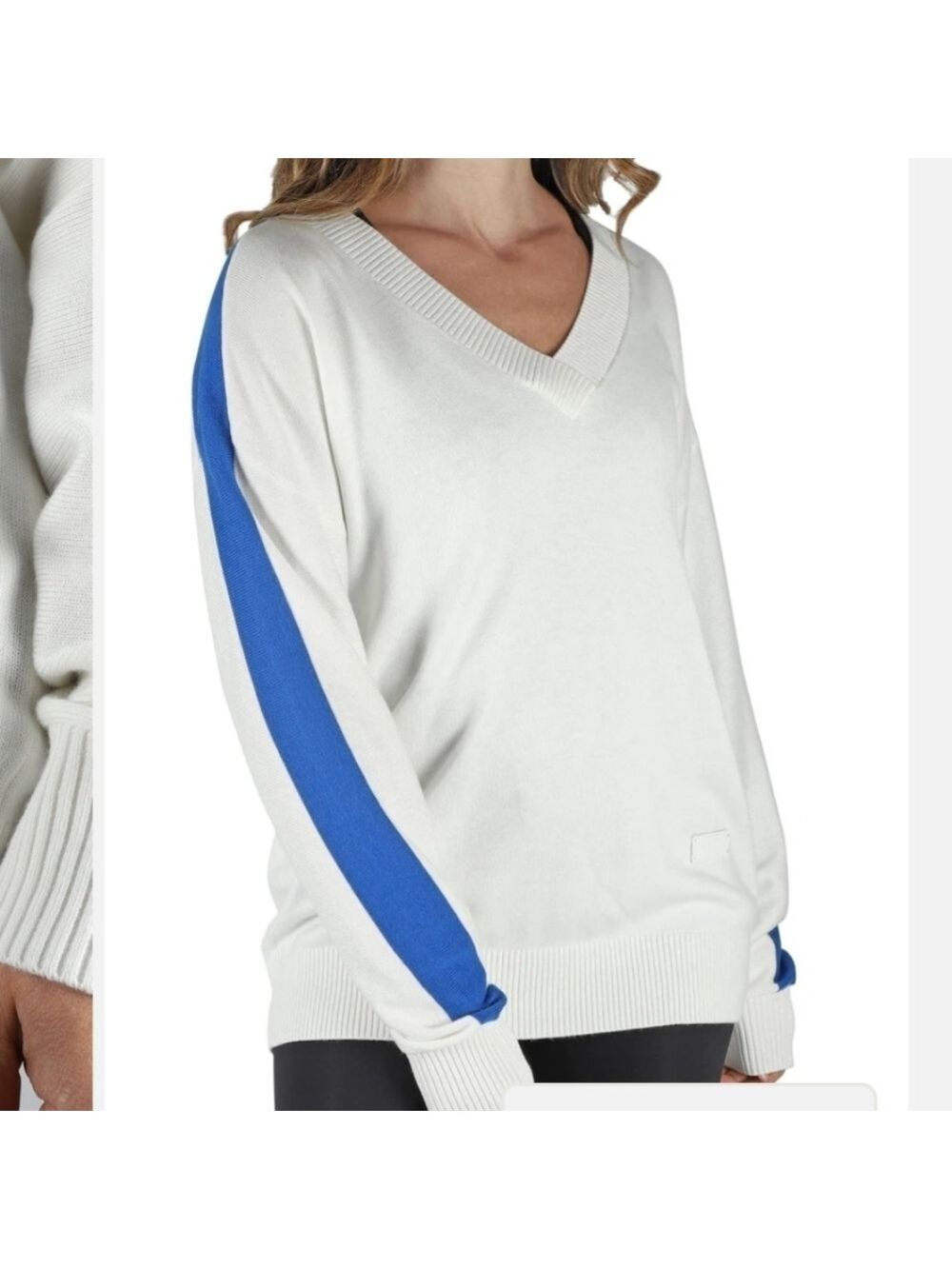 PAJAR NINA OFF WHITE V NECK WAFFLE KNIT COTTON BLEND OVERSIZED SWEATER LIKE NEW
